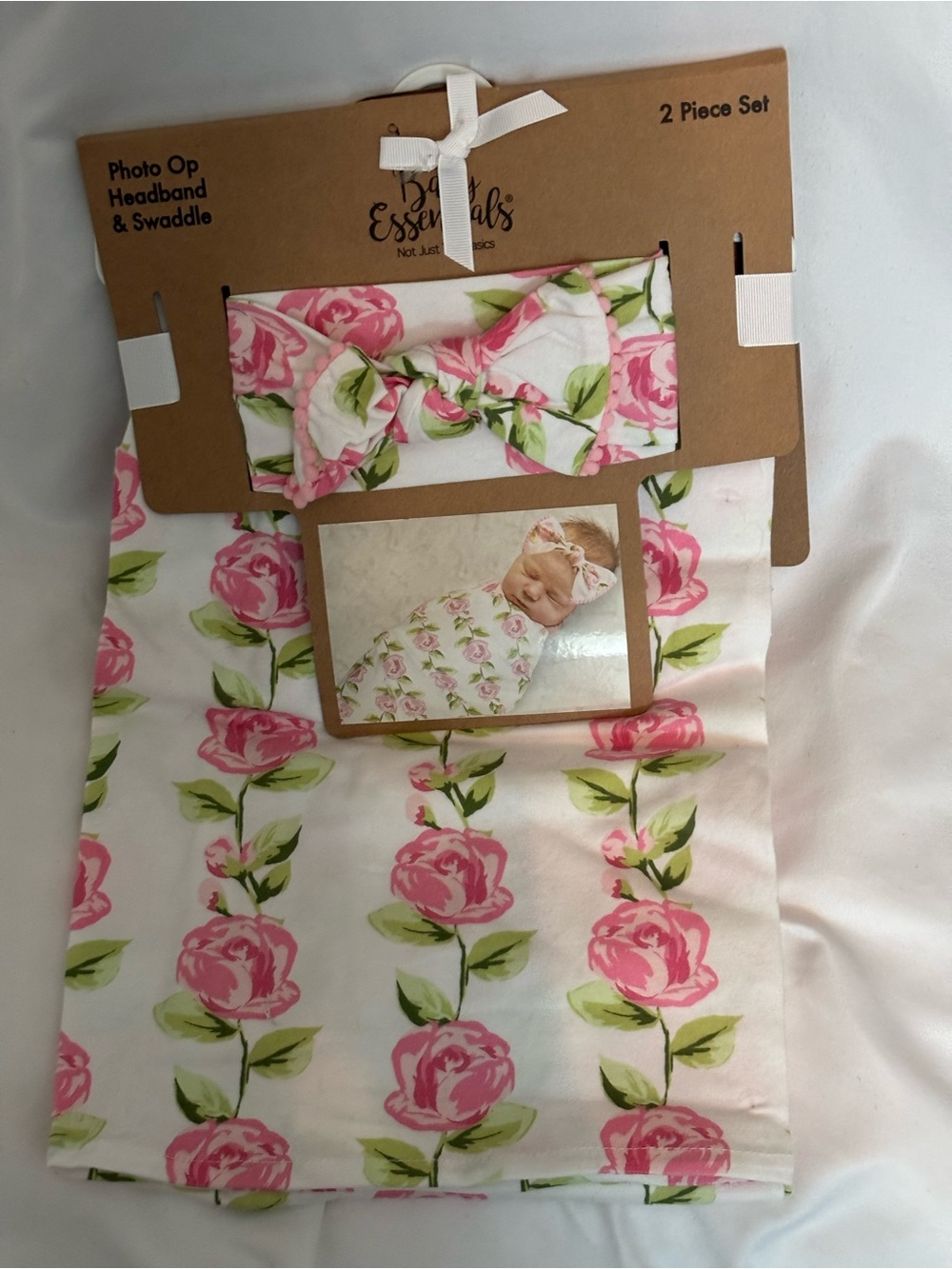 Baby Essentials Pink & Green Floral Headband and Swaddle Set